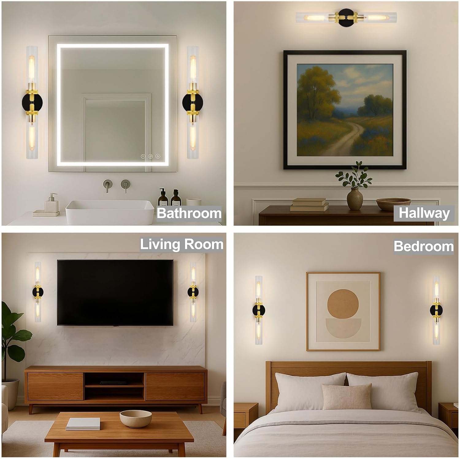 LaLuLa Black and Gold Vanity Light Fixtures 2-Pack – Modern Hardwired Dual-Light Wall Sconces with Rippled Glass Shades, Textured Metal Bathroom Lighting for Over Mirror or Hallway, 25' Height