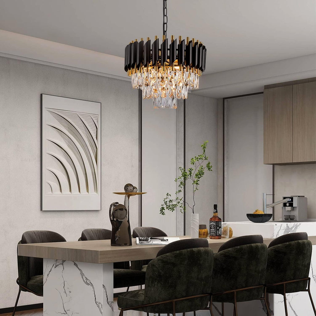 3-Tier Black Gold Crystal Chandelier 5-Light 15'' Modern Crystal Pendant Chandelier Ceiling Light Fixture Hanging Lighting for Kitchen Island Dining Room Foyer Entryway Bedroom