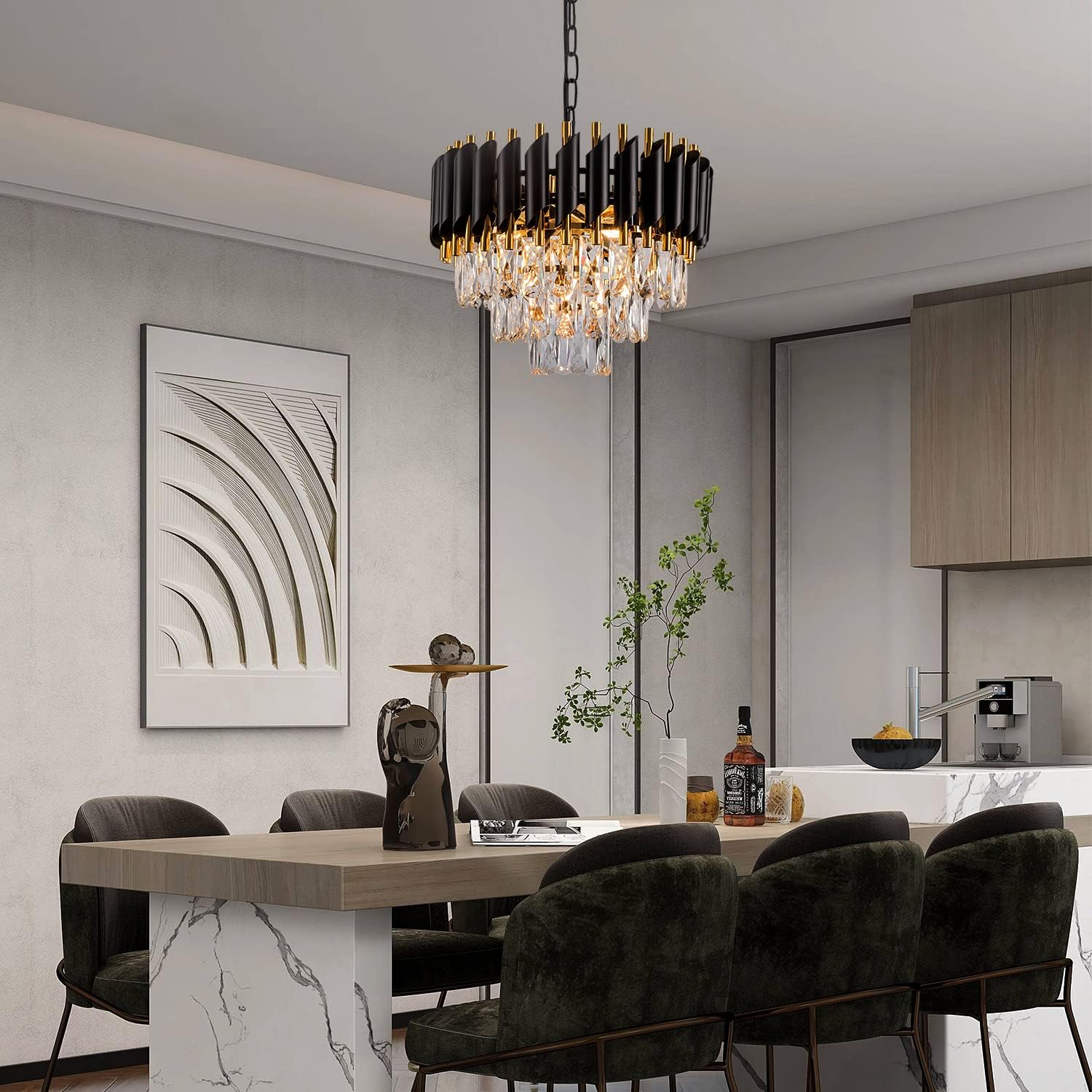 3-Tier Black Gold Crystal Chandelier 5-Light 15'' Modern Crystal Pendant Chandelier Ceiling Light Fixture Hanging Lighting for Kitchen Island Dining Room Foyer Entryway Bedroom