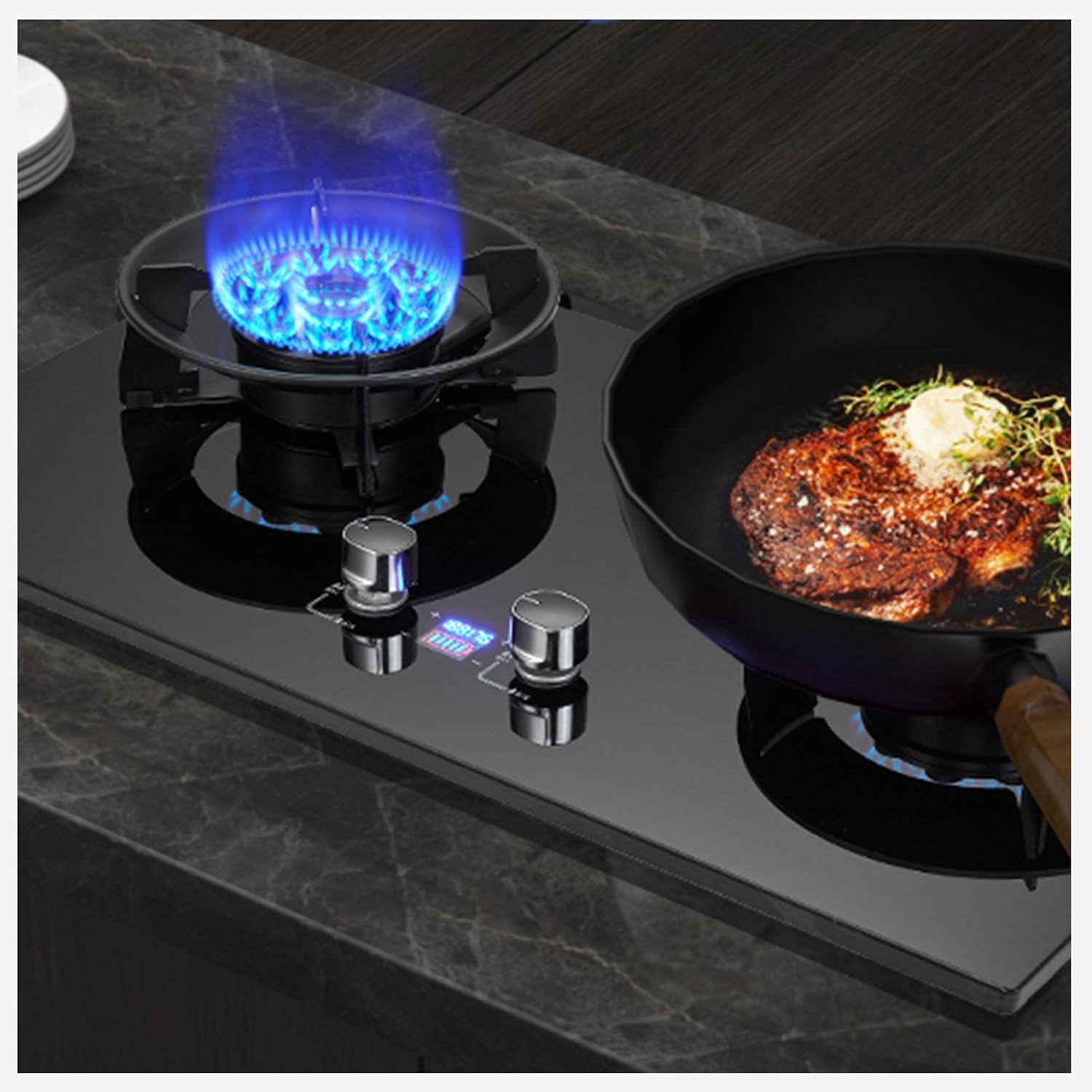 Built-in Gas Stove, 2 Burner Gas Stove, 5.0KW/5.2KW Timer (Independent On Both Sides) High Flame, Black Tempered Glass Cast Iron Pot Rack (Size : LPG)