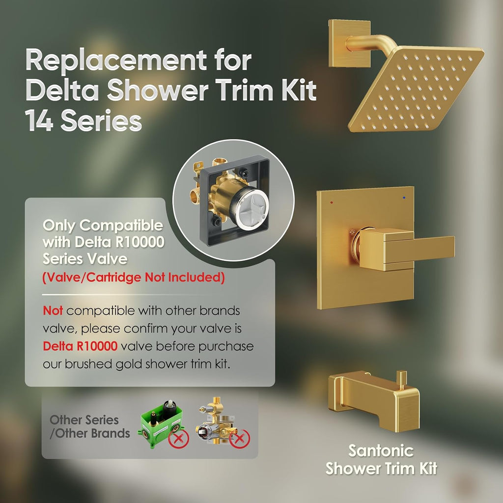 Replacement for Delta Shower Trim Kit Modern 14 Series, All Metal Tub Shower Faucet Set, 6-Inch Brushed Gold Shower Head and Handle Set(Valve and Cartridge Not Included)