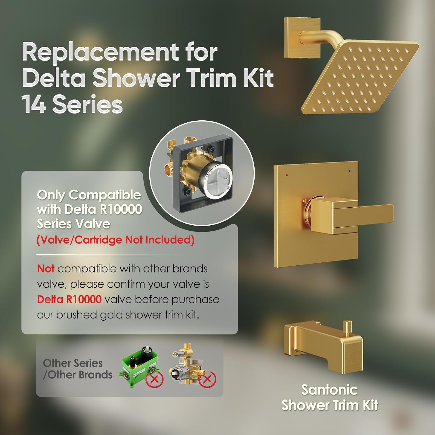 Replacement for Delta Shower Trim Kit Modern 14 Series, All Metal Tub Shower Faucet Set, 6-Inch Brushed Gold Shower Head and Handle Set(Valve and Cartridge Not Included)