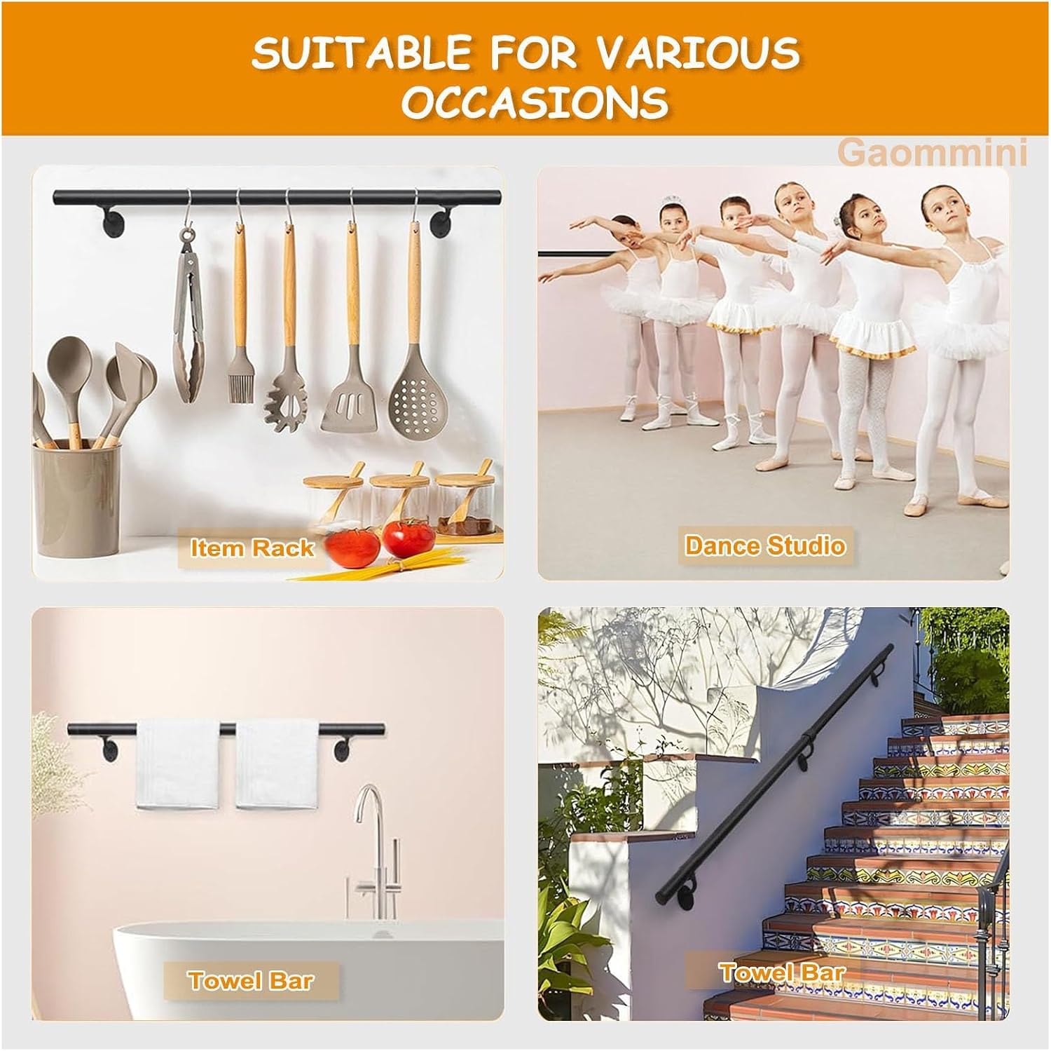 Wall Handrail for Indoor Stairs Railing Wrought Iron Outdoor Grab Bar Railing Safety Non-Slip Handrails Railing for Home Bathroom Corridor Decking, Black(6ft/180cm)