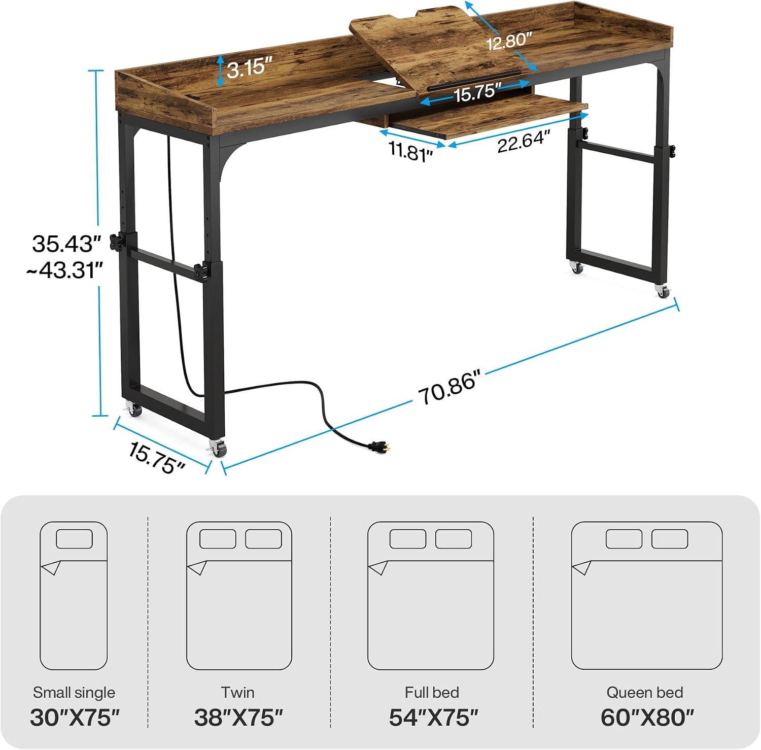 LITTLE TREE Overbed Table with Wheels Adjustable Height, Rolling Table with Outlets & USB Ports for Queen Bed, Giant Adjustable Over the Bed Desk with Tilt Stand, Brown