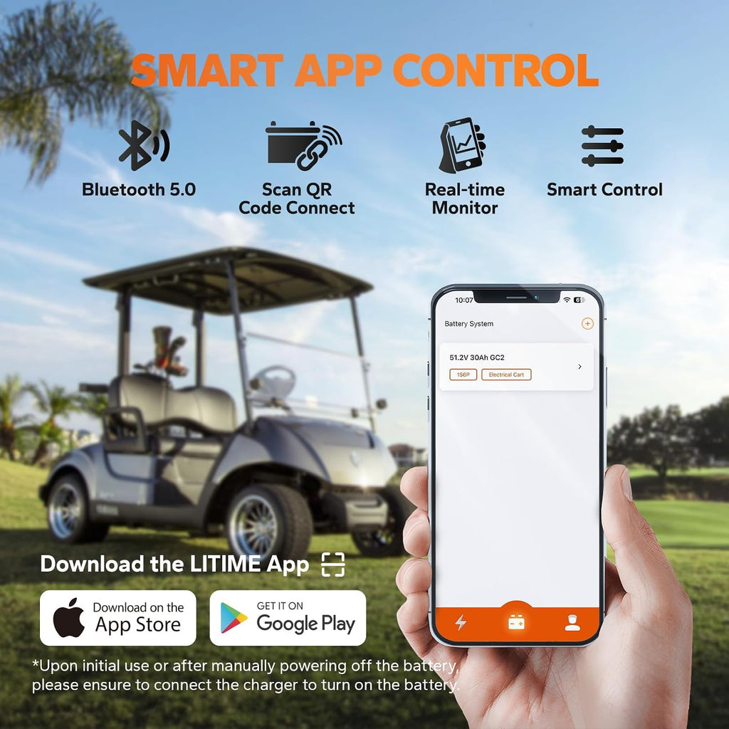 LiTime 48V 30Ah Lithium Golf Cart Battery, Built-in 80A BMS, Bluetooth 5.0 & Low-Temp Protection, Support up to 3kW Motor, Perfect for Golf Carts