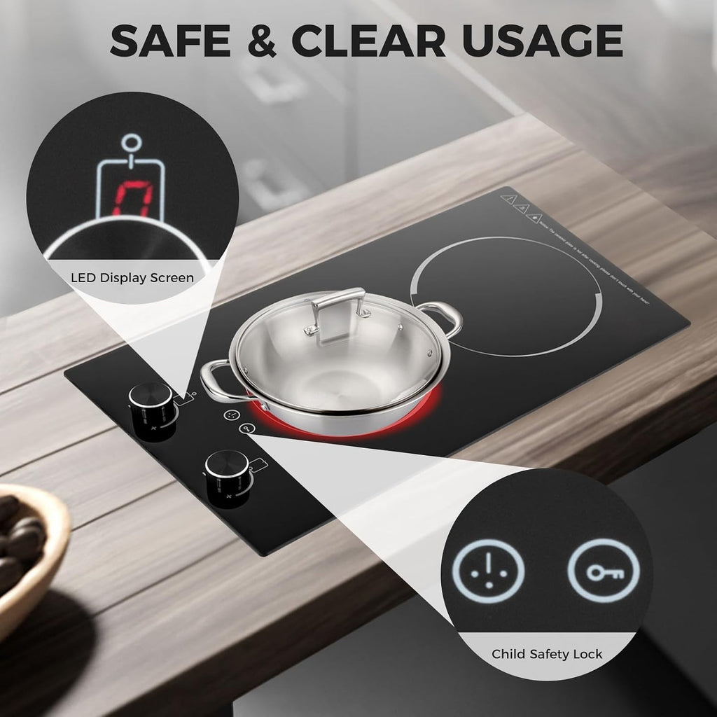 Electric Cooktop, 110-120V 2100W Electric Stove Top with Knob Control, 9 Power Levels, Lock & Timer,Built-in Radiant Double Induction Cooktop Stove for Home Dorm Office, Camping (Black)