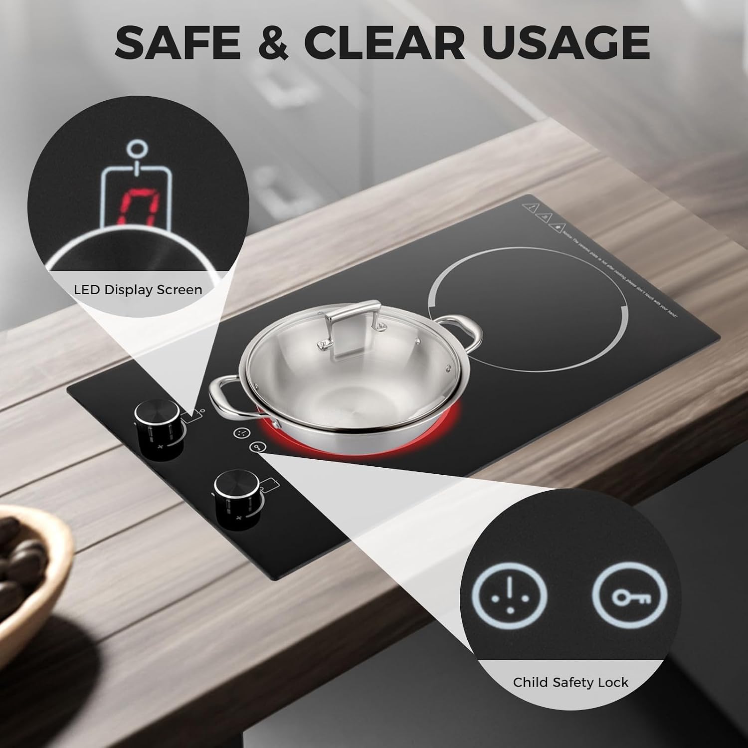 Electric Cooktop, 110-120V 2100W Electric Stove Top with Knob Control, 9 Power Levels, Lock & Timer,Built-in Radiant Double Induction Cooktop Stove for Home Dorm Office, Camping (Black)