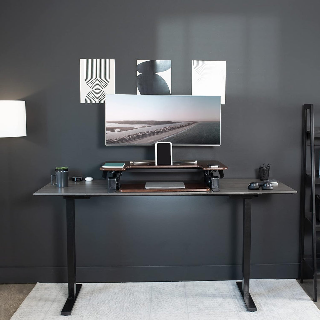 VIVO 42 inch Height Adjustable Stand Up Desk Converter, V Series, Quick Sit to Stand Tabletop Dual Monitor Riser Workstation, Dark Walnut Top, Black Frame, DESK-V000VLD