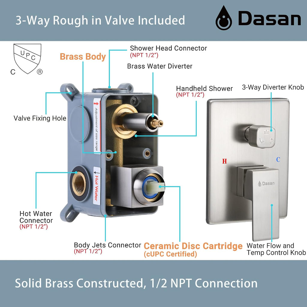 Full Body Rain Shower System with 4 Body Shower Jets & 12' Wall Mount Rainfall Shower Head & Handheld, DASAN Multi Shower Head System Brushed Nickel Rain Shower Faucets sets Combo with Rough-in Valve