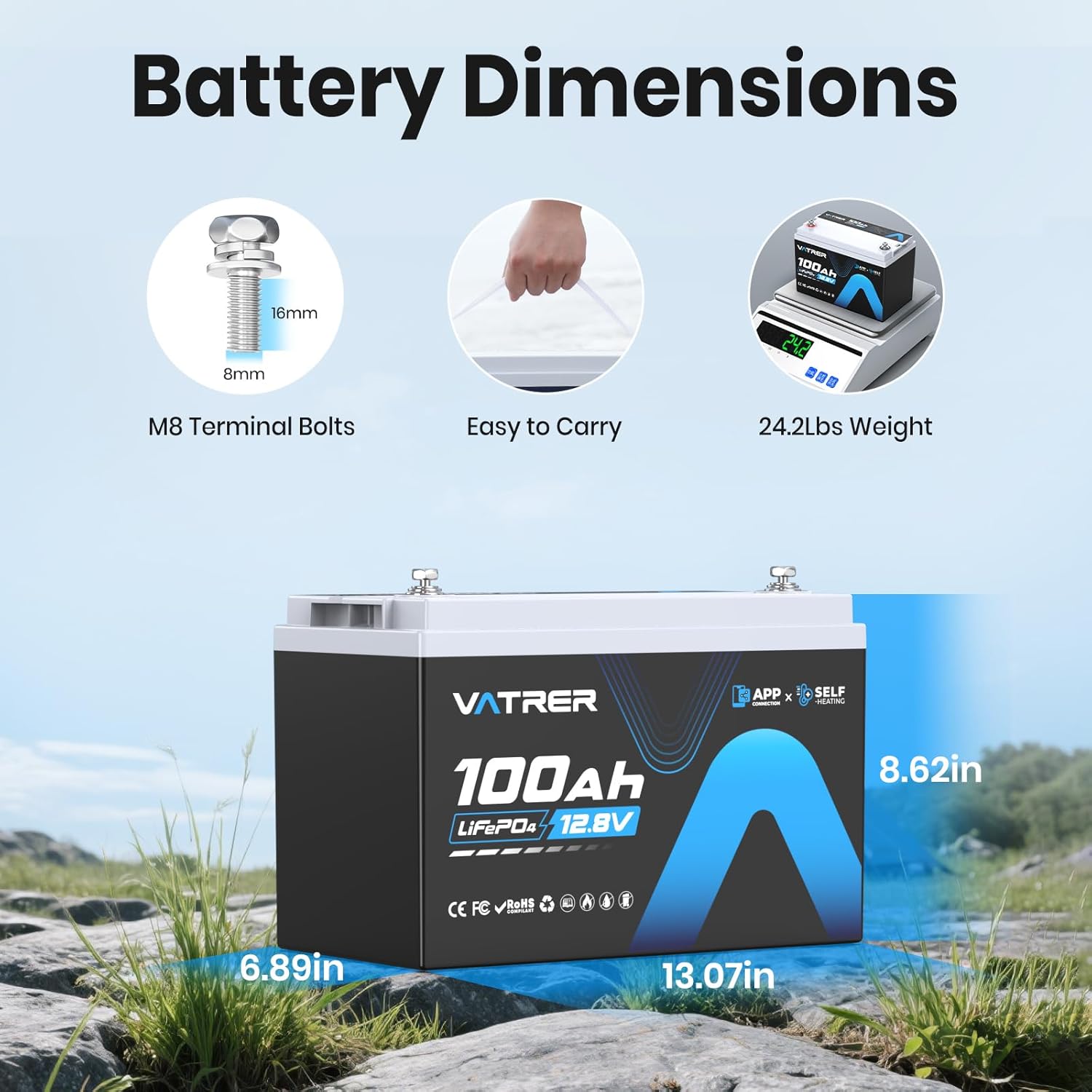 12V 100AH Self-Heating LiFePO4 Lithium Battery, Built-in 100A BMS, Supports Low Temp Charging, 5000+ Cycles, Perfect for RV/Camper, Solar, and Off-Grid Applications, etc.