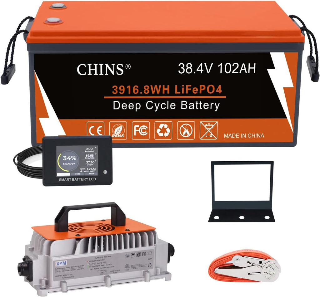 CHINS 36V 102Ah Golf Cart Battery, Built-in Smart 200A BMS, 4000+ Cycles Rechargeable, 36V Lithium Battery Perfect for Golf Cart