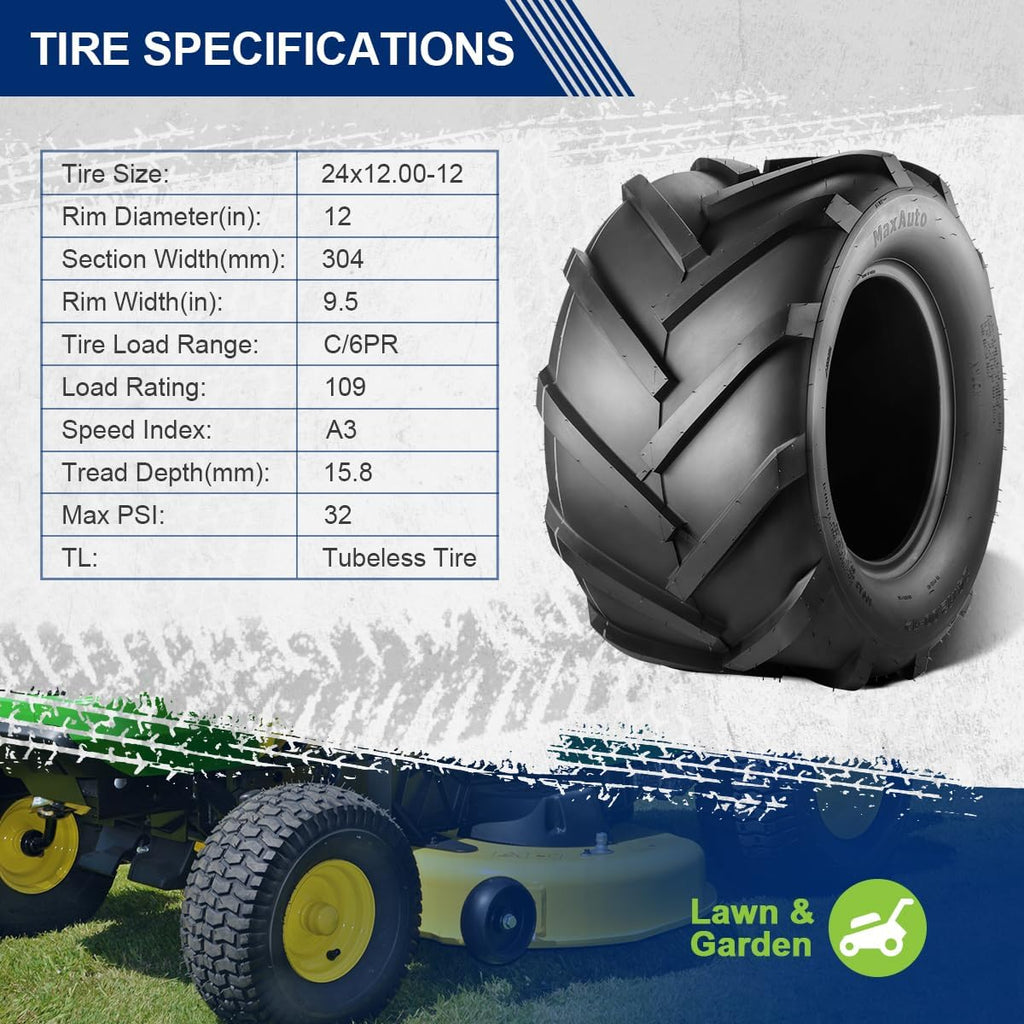 MaxAuto 24x12.00-12 Super Lug Ag Farm Tractors Rear Tires- 6 Ply Tubeless 24x12-12 Ridding Lawn Mower Tires, 24x12x12, 24-12-12, Set of 2