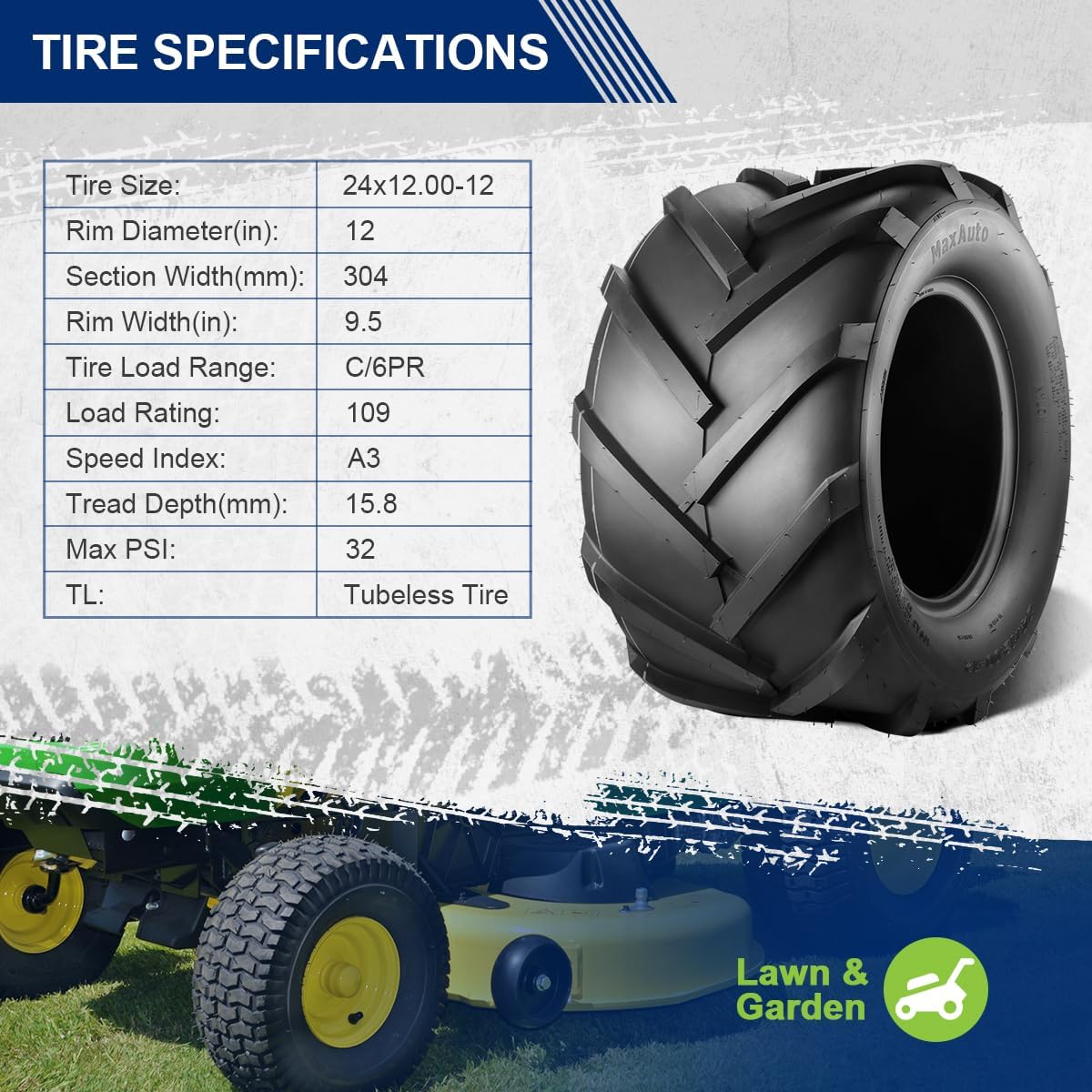 MaxAuto 24x12.00-12 Super Lug Ag Farm Tractors Rear Tires- 6 Ply Tubeless 24x12-12 Ridding Lawn Mower Tires, 24x12x12, 24-12-12, Set of 2