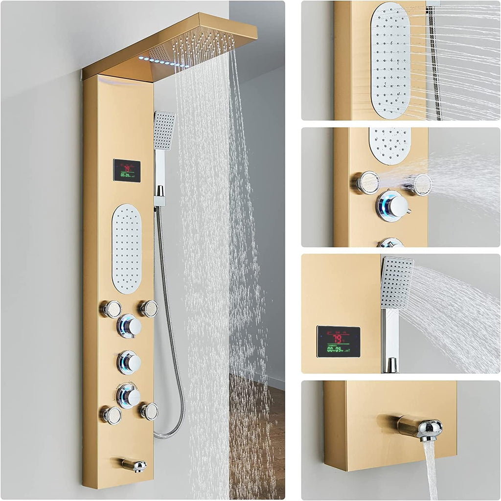 ELLO&ALLO LED Shower Panel Tower System, Rainfall and Mist Head Rain Massage Stainless Steel Shower Fixtures with Adjustable Body Jets, Brushed Gold