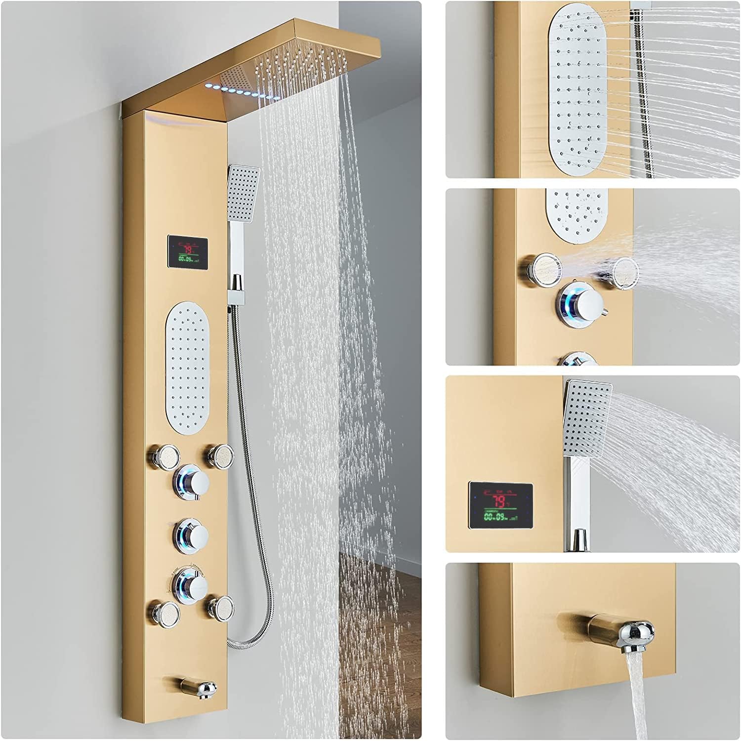 ELLO&ALLO LED Shower Panel Tower System, Rainfall and Mist Head Rain Massage Stainless Steel Shower Fixtures with Adjustable Body Jets, Brushed Gold
