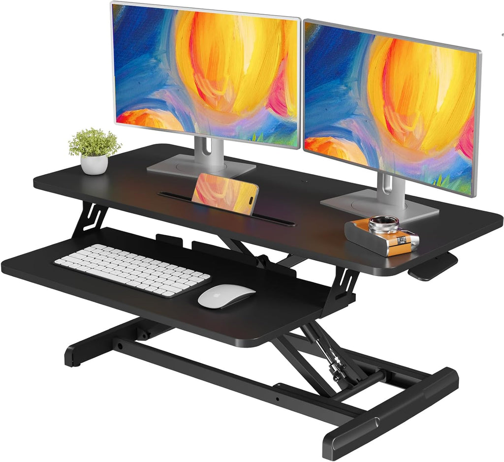 JOY worker Standing Desk Converter, 35' Wide Height Adjustable Sit Stand Up Desk Riser with Keyboard Tray, Desktop Workstation Riser for Home Office Computer Laptop, Particle Board, Black