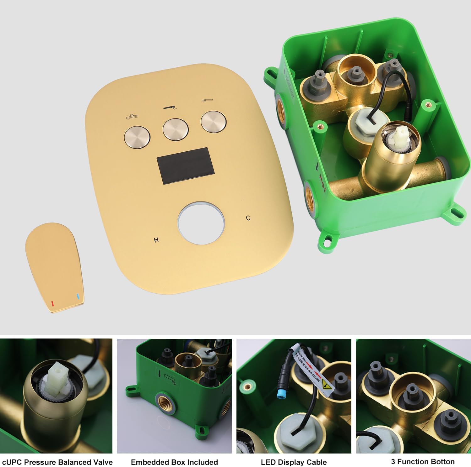 12Inch Brushed Gold Ceiling Shower System & 8Inch Wall-Mount Shower Faucet Set, 2 in 1 Handheld with Adjustable Slide Bar Included Temperature Display Valve and Trim Kit Can Work At Once