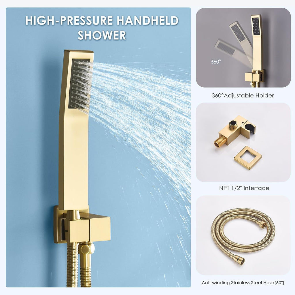 Shower System Brushed Gold Dual Shower Head with Body Jets, Oupukle Four Modes Shower Faucet Set Wall Mounted 12' & 6' Rain Shower Head with 6PCS Body Jets