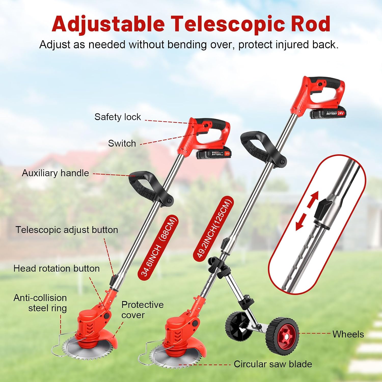 Electric Weed Wacker Cordless Weed Eater Battery Powered 21V, 4-in-1 Brush Cutter/String Trimmer/Grass Trimmer/Lawn Mower, 6 inch Edger Stringless Weed Trimmer with Wheel & Blade, 2 Battery(Red)