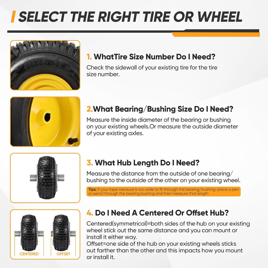 20x8.00-8 Rear Tire and Wheel Assemblies,4 Ply Tubeless Tire Compatible for Riding Lawn Mowers, 3/4' Borehole, 3.5' Offset Hub and 3/16' Keyway, 905lbs Capacity, 2 Pack