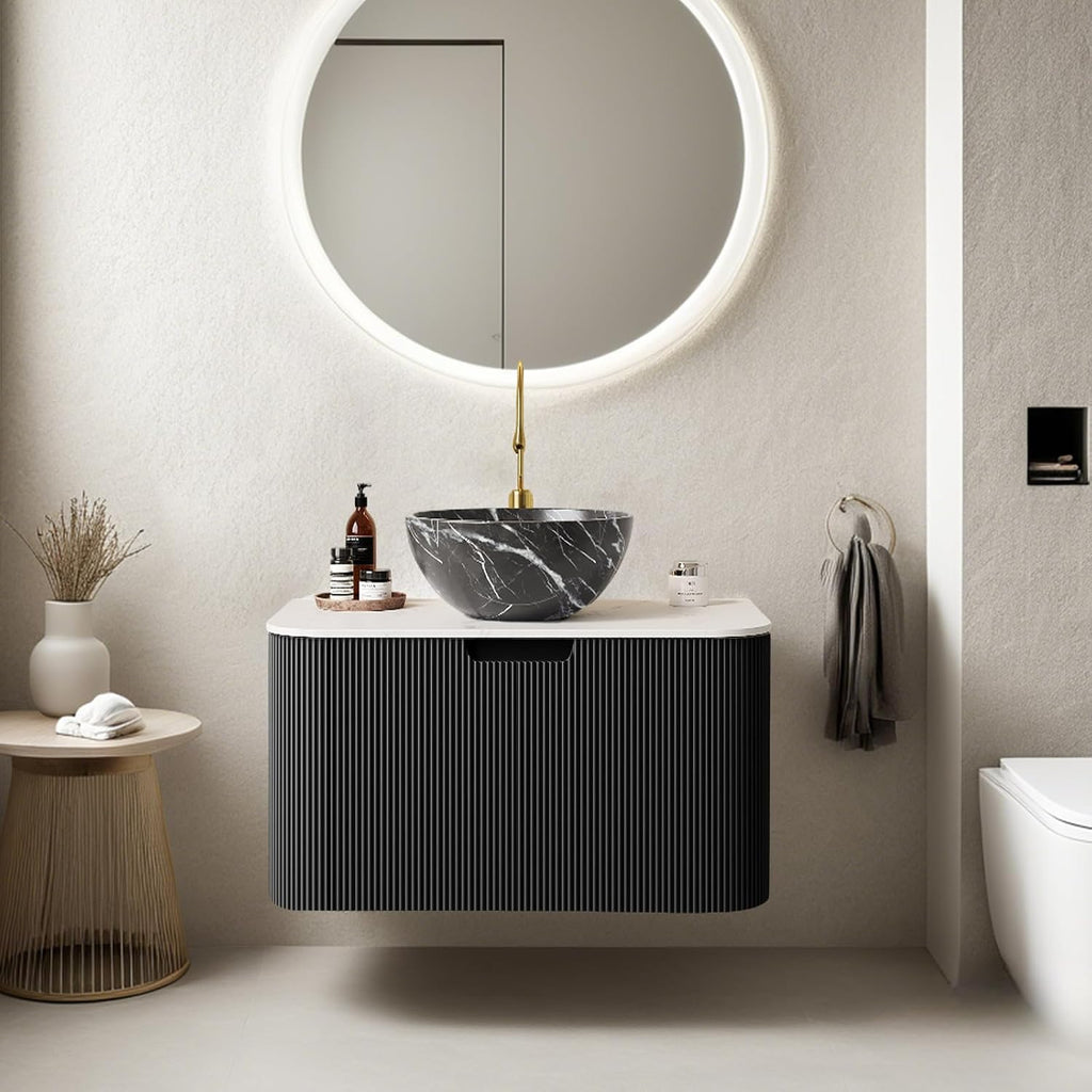 24' Floating Bathroom Vanity with Sink, Modern Bathroom Cabinet with Ultra-Thin Marble Top and Black Ceramic Basin, Bathroom Vanities, Extra Large Storage Drawer, Soft-Close Design, Black
