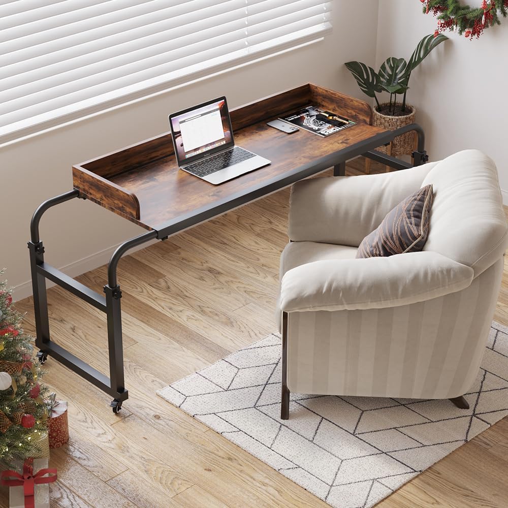 LINGMI Kids and Adult Desk, Overbed Table with Wheels, Bed Desk Recliner Table Adjustable Height Laptop Table, Queen King Size Over The Bed Table with Metal Leg(Rustic Brown)
