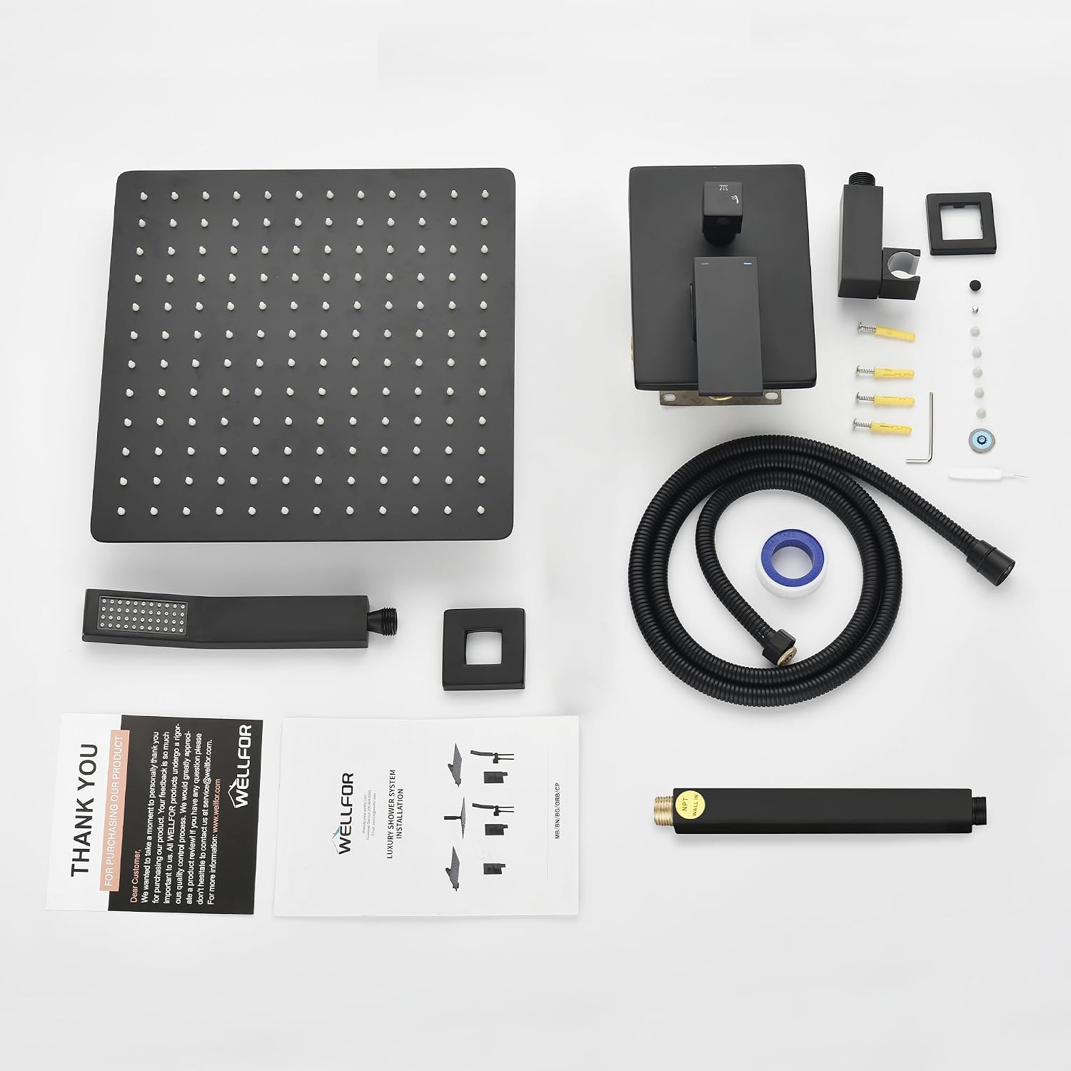 WELLFOR 12' Ceiling Mount Matte Black Shower System with 2-way Diverter, Built-In Shower Faucet System, Shower Faucet Kit, Ceiling Rainfall Shower Head Faucet Trim Kits with Rough-in Valve and Trim