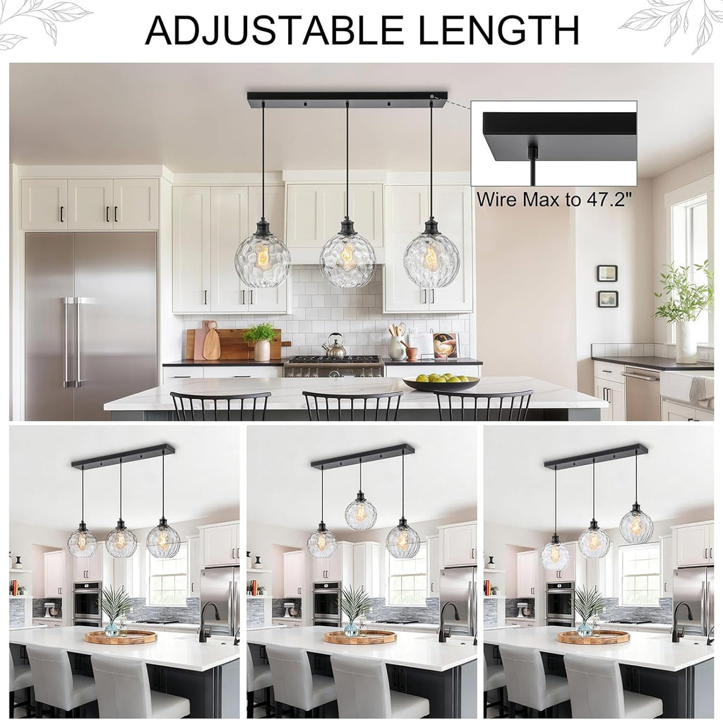 3 Light Pendant Lights Kitchen Island, Black Island Lights for Kitchen, 31.5' Globe Pendant Light with Clear Hammered Glass Shade, Adjustable Farmhouse Hanging Light Fixtures