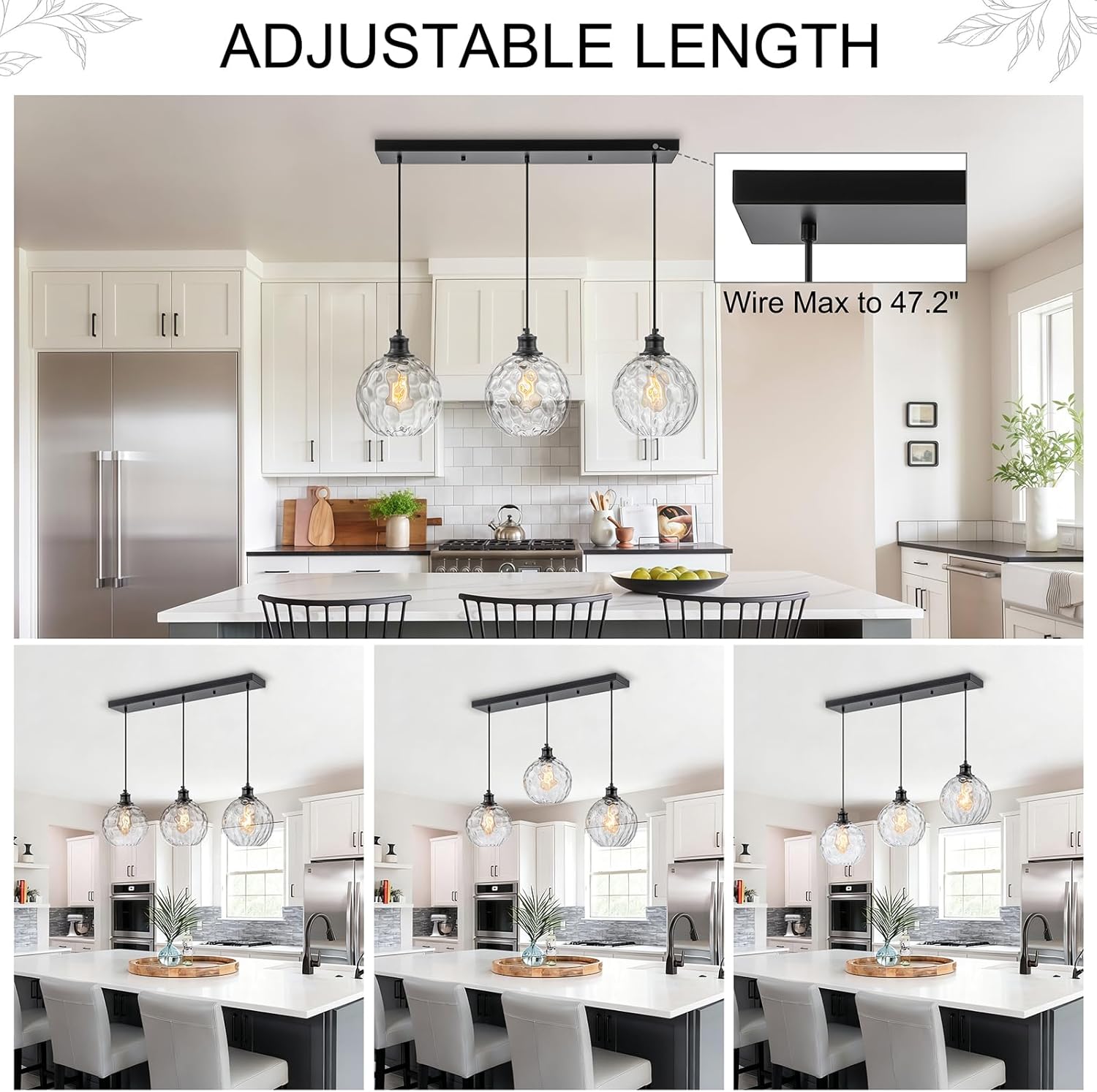 3 Light Pendant Lights Kitchen Island, Black Island Lights for Kitchen, 31.5' Globe Pendant Light with Clear Hammered Glass Shade, Adjustable Farmhouse Hanging Light Fixtures