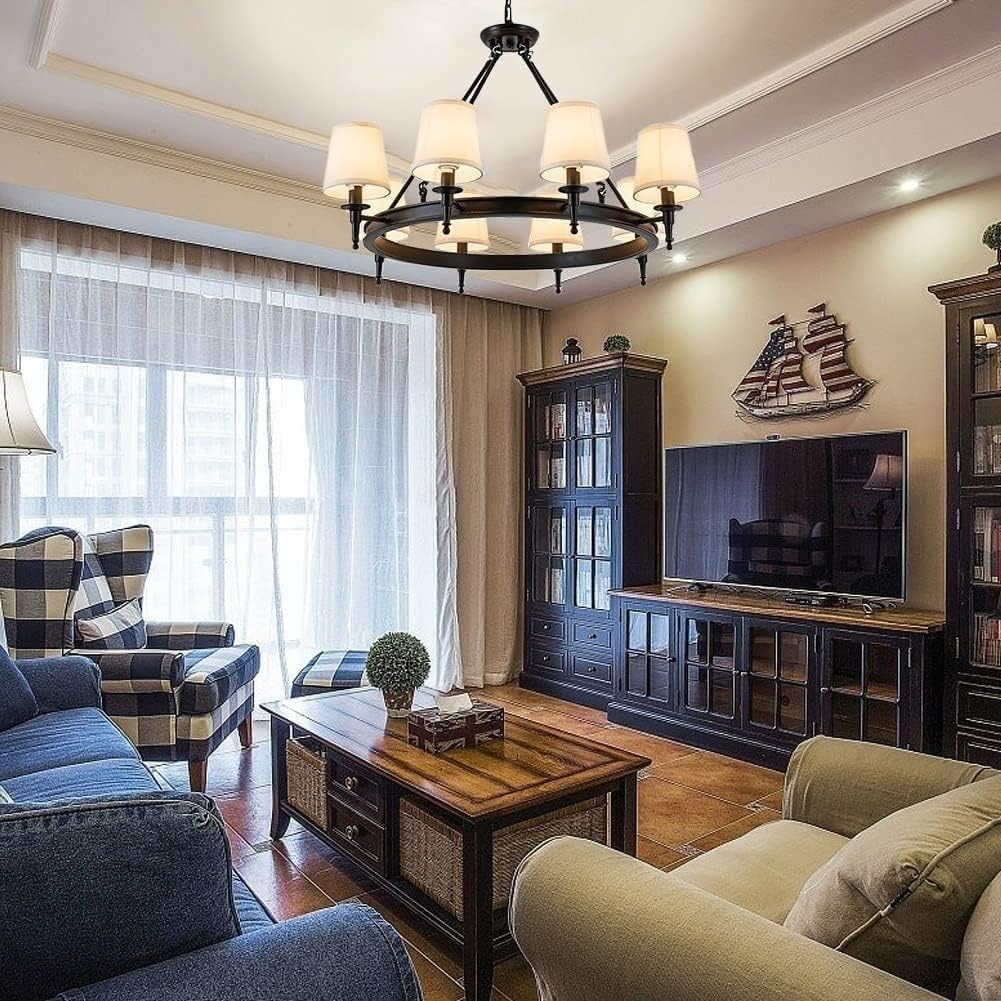 Modern Black Antique Wrought Iron Chandelier White Linen Shades Chain Hanging Lamp,Chandelier LED Ceiling Light