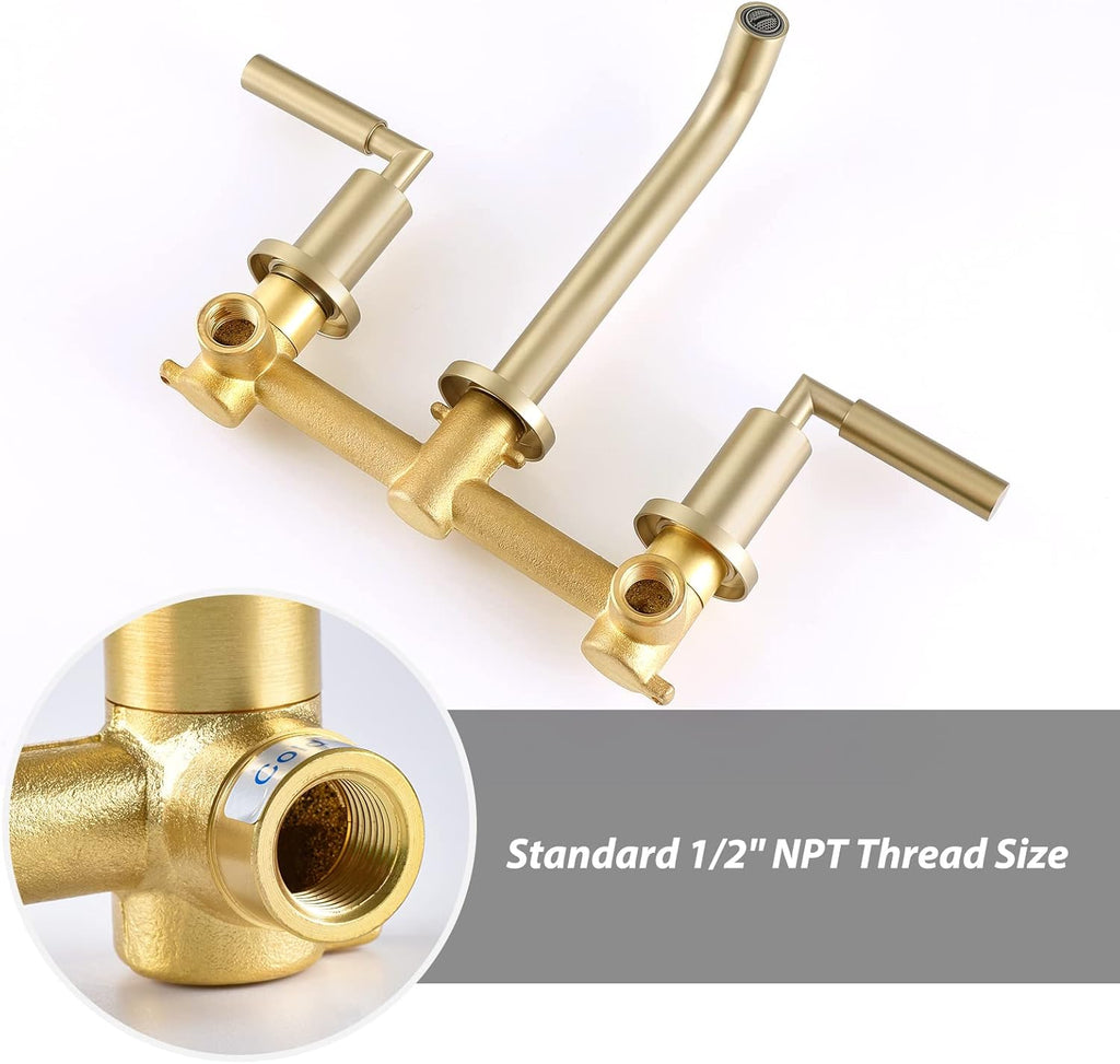 RBROHANT Gold Wall Mount Faucet with Pop up Drain Set for Sink Without Overflow, Brushed Gold Dual Handle Wall Mounted Bathroom Sink Faucet, Brass Rough-in Valve Included, RB0736D