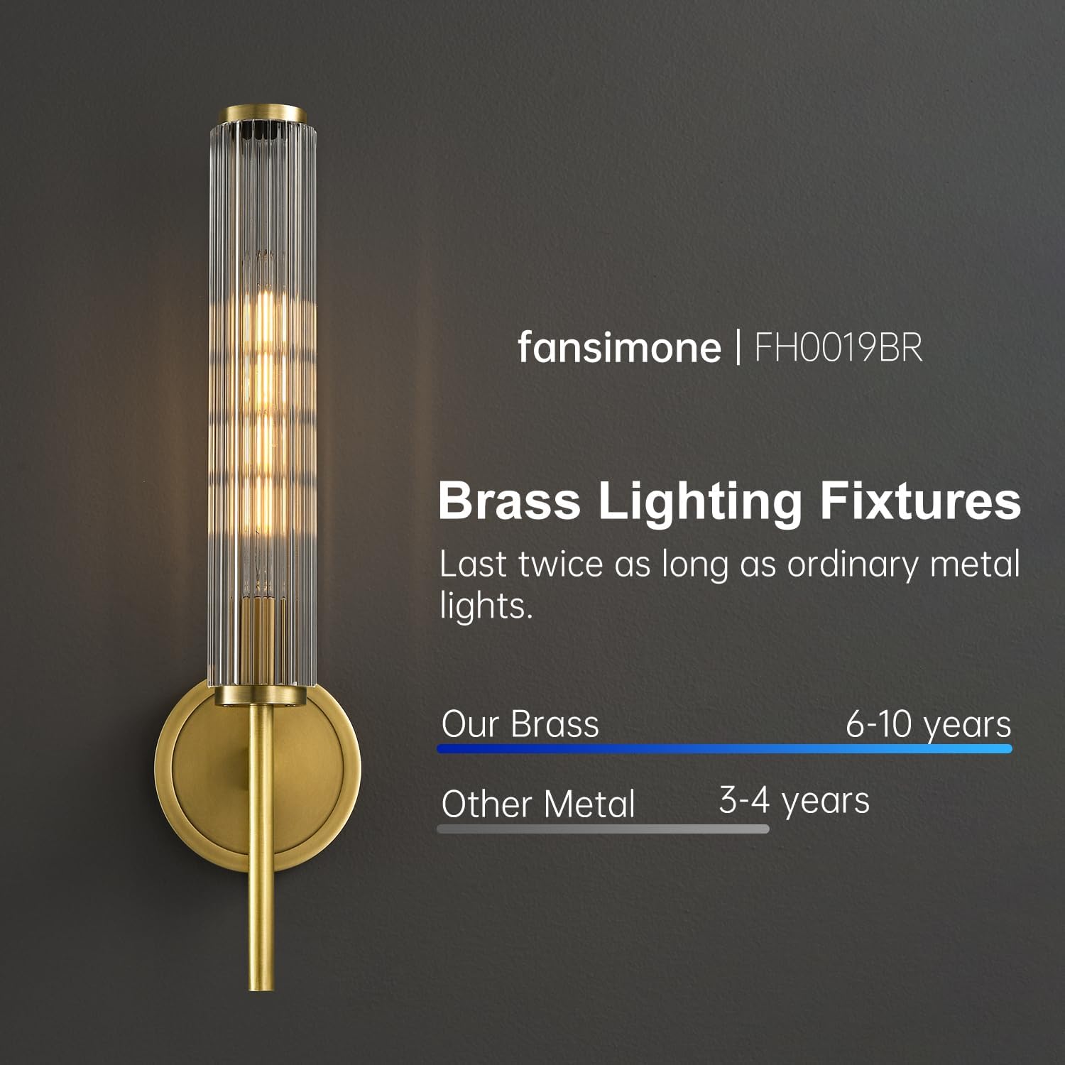 18.9' Solid Brass Wall Sconce with Ribbed Groove Glass Tube - Gold Wall lamp Includes Bulbs - Modern Brushed Copper Wall Sconces for Bathroom, Living Room, Hallway, Staircase, Mirror