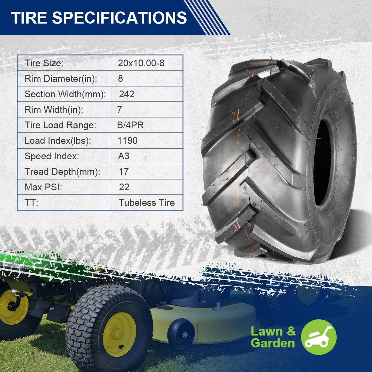 MaxAuto 20x10-8 Ag Lug Riding Mower Tires, 20x10.00-8 Garden Tractor Turf Tires, 20x10x8 Super Lug Ag Tractor Tire, 4Ply Tubeless, 1190lbs Capacity, Set of 2