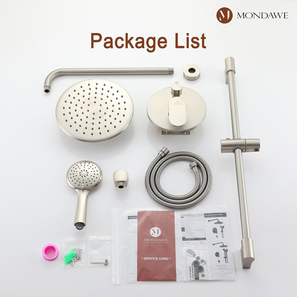 MONDAWE 9 Inch Wall Mounted Shower Faucet Set in Brushed Nickel, Rainfall Shower Head with 3-Setting Handheld Spray Shower Set Combo, High Pressure Shower System with Solid Brass Valve