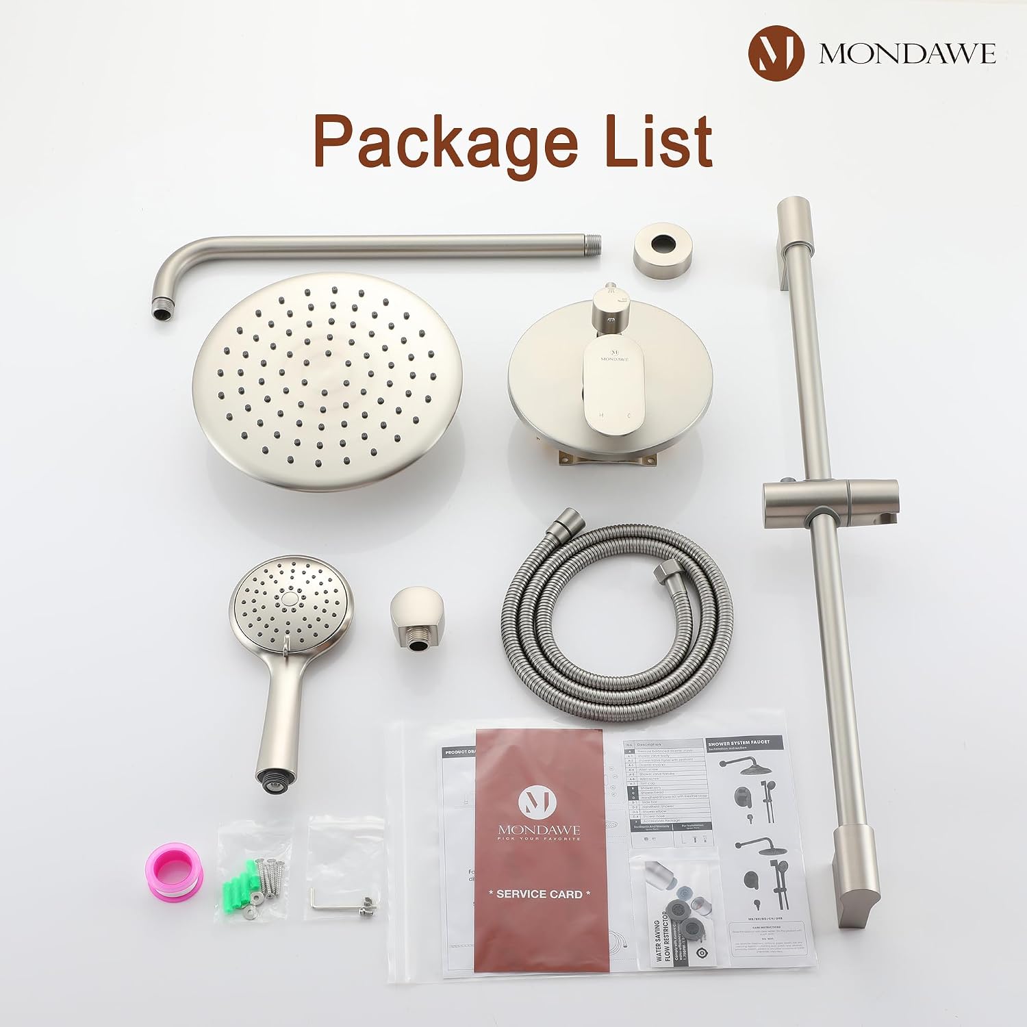 MONDAWE 9 Inch Wall Mounted Shower Faucet Set in Brushed Nickel, Rainfall Shower Head with 3-Setting Handheld Spray Shower Set Combo, High Pressure Shower System with Solid Brass Valve