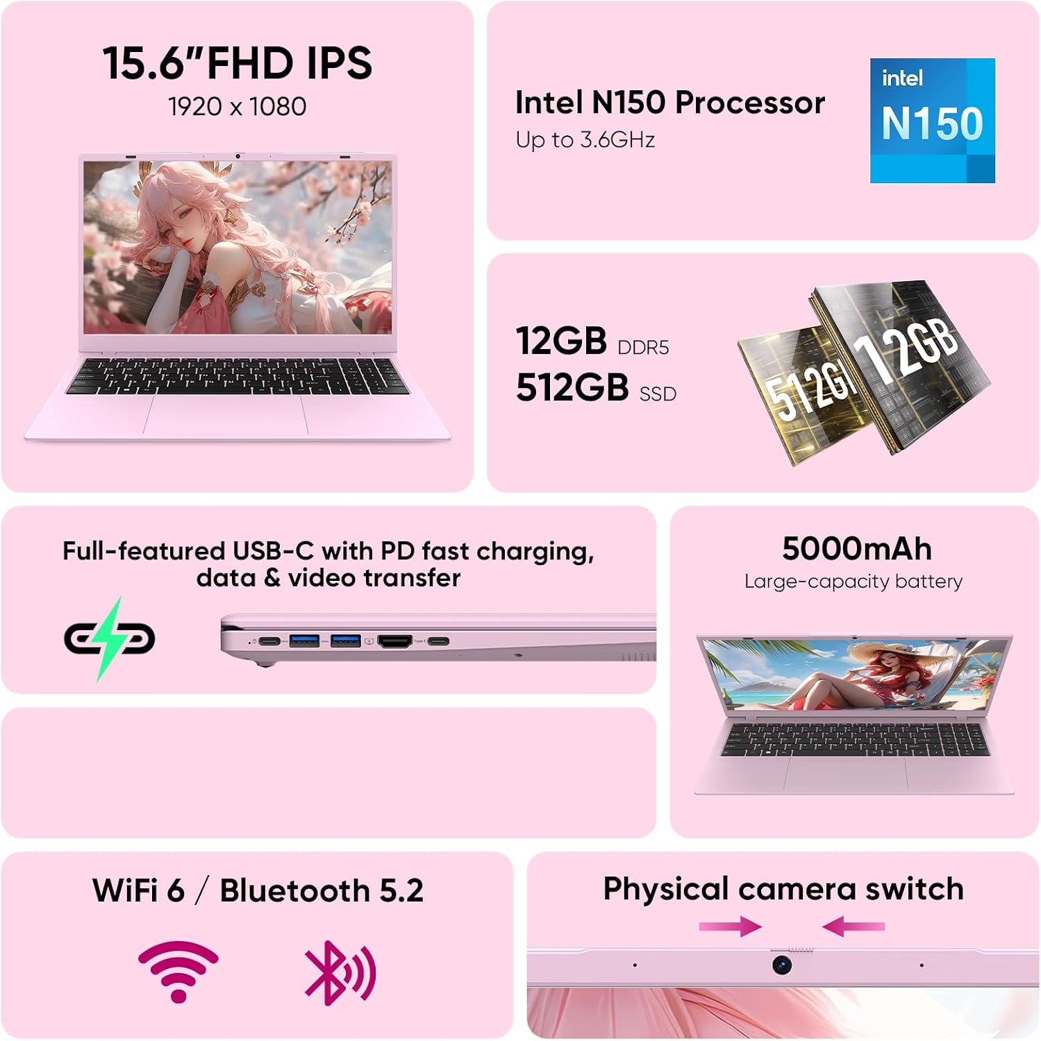 15.6' FHD Student Laptop Computer, 12GB DDR5, 512GB SSD, Quad-Core N150(Beat to i3-1115G4, Up to 3.6GHz), WiFi 6, Bluetooth 5.2, Pink