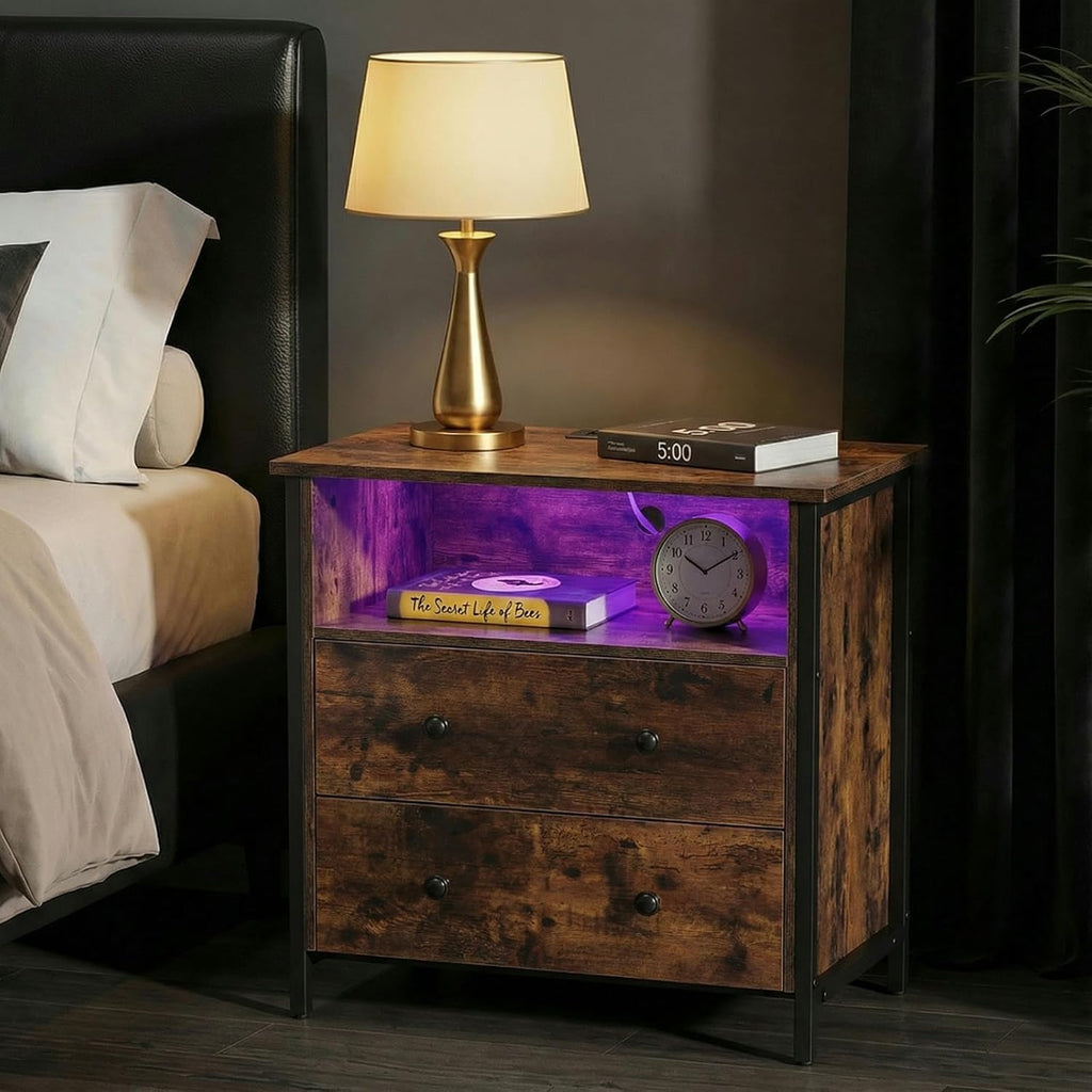 27 Inch Wide Night Stand, Large Wood Night Stand Set 2 with 2 Drawers, LED Nightstand with Charging Station and Adjustable Drawer, Bedside Table for Living Room/Bedroom/Study/Office, Retro.