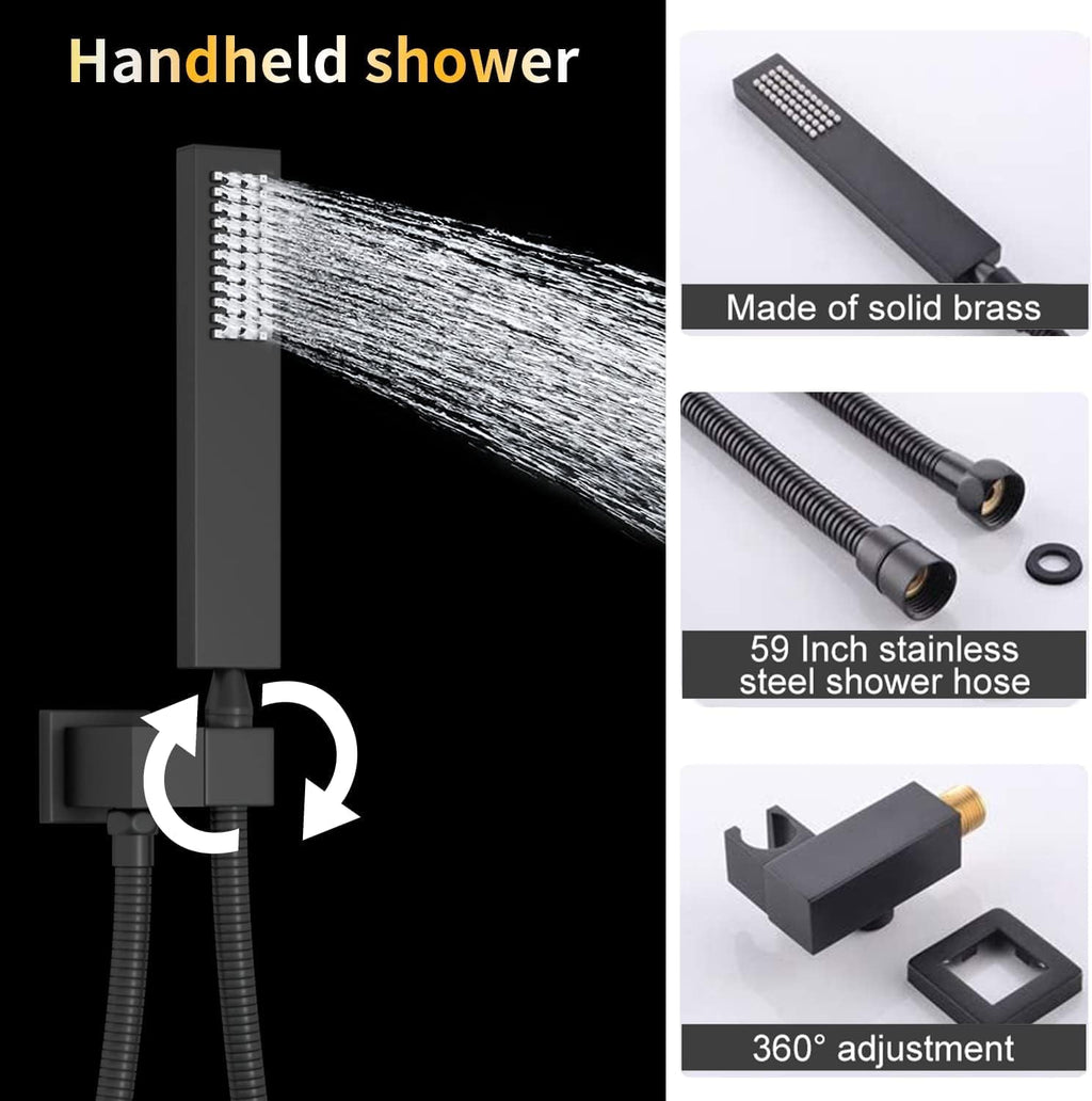 AYIVG Matte Black 4 Function Dual Shower Head System 16 X 24 Inch Rainfall Waterfall And 8 Inch Wall Mount With Handheld shower head Digital Display Shower Valve Set