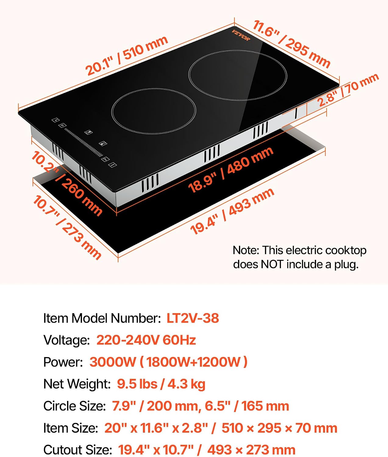 Happybuy 20x11.6 Inch Electric Stove Top, 2 Burners, 240V Glass Radiant Cooktop with Sensor Touch Control, Timer, Child Lock, 9 Power Levels for Frying, Simmering, Steaming