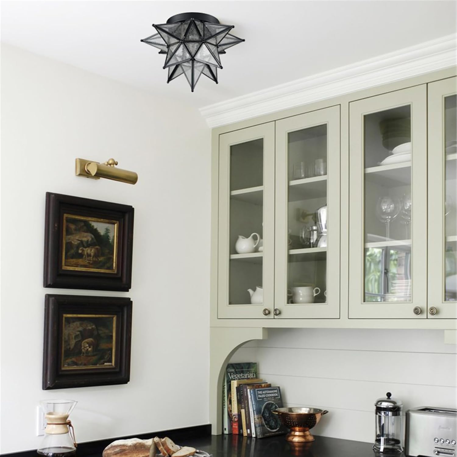 DAYCENT Black Moravian Star Flush Mount Light with Seeded Glass Shade 12.8-Inch Moroccan Star Glass Ceiling Light Fixtures for Bedroom Kitchen Hallway Foyer