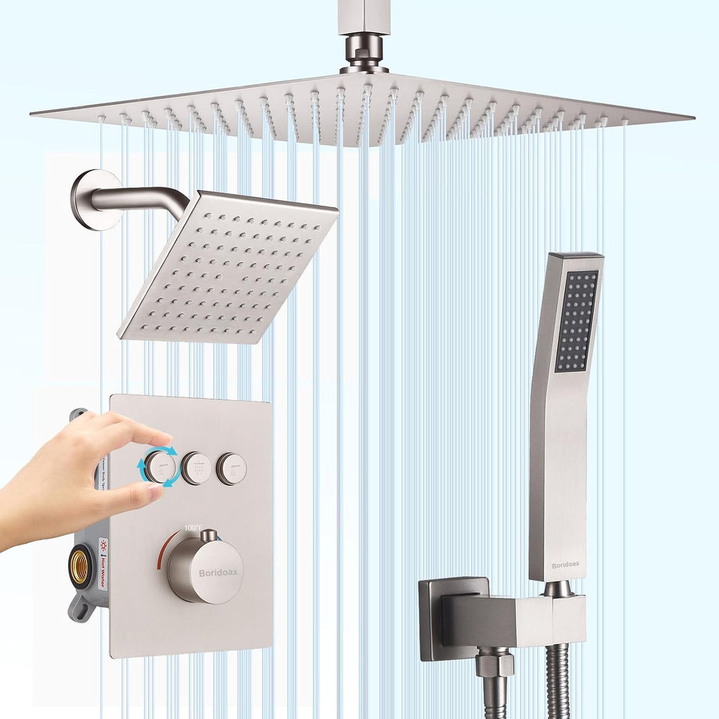 Dual Shower Head System Brushed Nickel 12' Ceiling Mount Rainfall Shower and 6' Wall Mounted Shower Head System with Handheld Spray, Push Button Diverter Shower Faucet Set, Can All Run Together