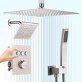 Dual Shower Head System Brushed Nickel 12' Ceiling Mount Rainfall Shower and 6' Wall Mounted Shower Head System with Handheld Spray, Push Button Diverter Shower Faucet Set, Can All Run Together