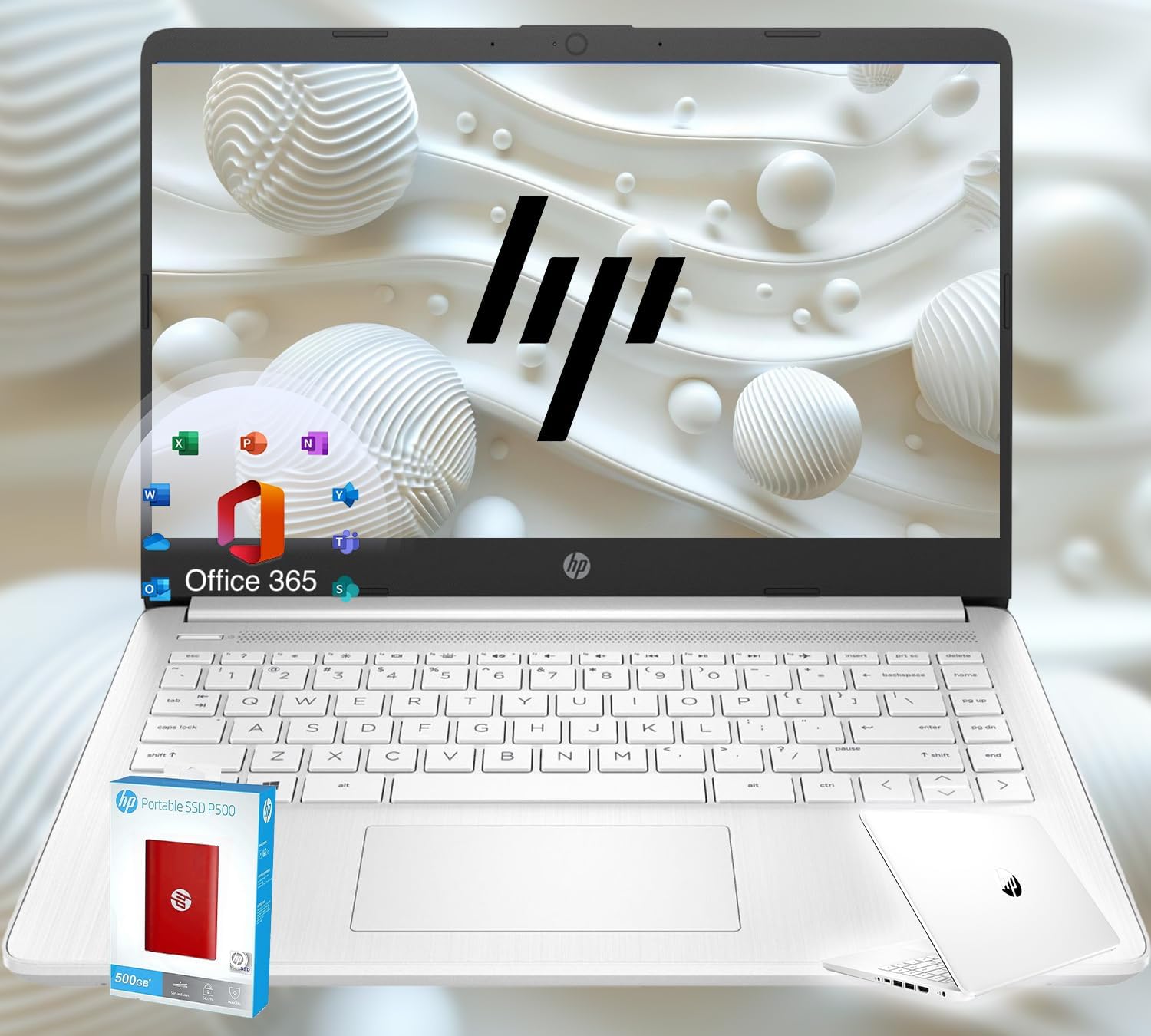 HP 14 Ultrabook • Back to School Limited Edition with Microsoft 365 • Intel 4-Core CPU • 16GB RAM • 1600GB Storage (64GB OnBoard withHP 512GB P500 Portable SSD + 1TB OneDrive) • Snow White • Win 11