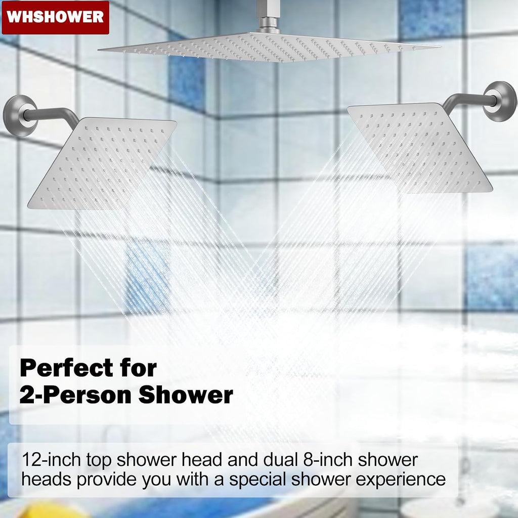 Brushed Nickel Shower System with 12+8+8' Three Top Shower Heads, Full Body Shower System with Temperature Display,Handheld Sprayer and Body Jets Shower Set