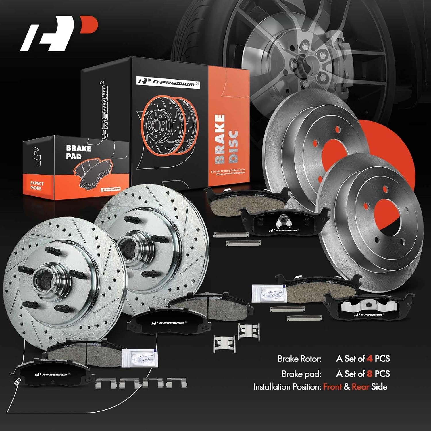 A-Premium Front and Rear Drilled and Slotted Disc Brake Rotors + Ceramic Pads Kit Compatible with Select Ford and Lincoln Models - F-150 F150 2000-2003 (RWD), Blackwood 2002, 12-PC Set
