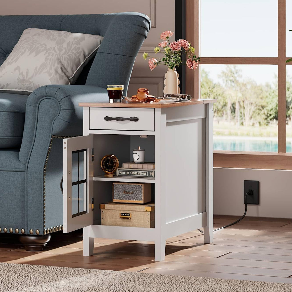 WLIVE End Table with Charging Station, Narrow Side Table for Living Room, Farmhouse Night Stand with Storage, Small Wooden Cabinet Nightstand with USB Ports and Outlets, 23.7' D x 13.78' W x 23.7' H