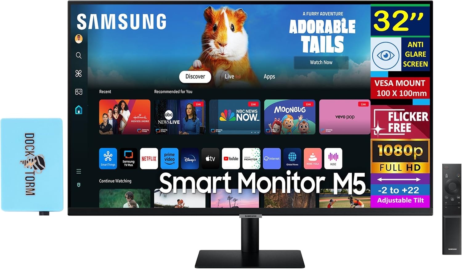 Samsung 32' Smart FHD VA Monitor with HDR10, 4ms Response Time, Anti Glare, Flicker Free, VESA Mount (100mm), HDMI & Dockztorm USB Port Expander, Black Color