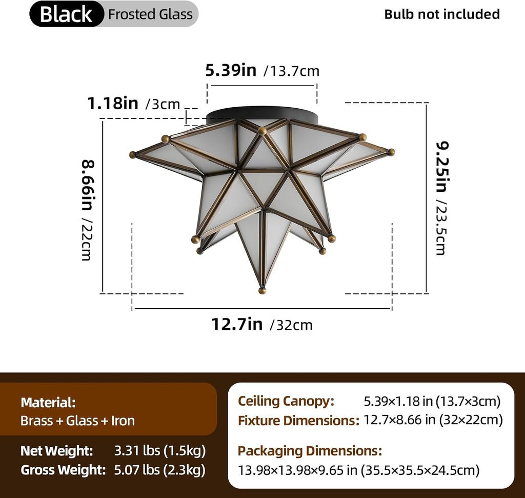 Black Moravian Star Ceiling Light - Oil Rubbed Bronze Vintage Antique Flush Mount Lighting - Art Deco Mid Century Milk Glass Fixture Lights for Hallway Bedroom Room Hall Entryway Laundry Foyer Kitchen