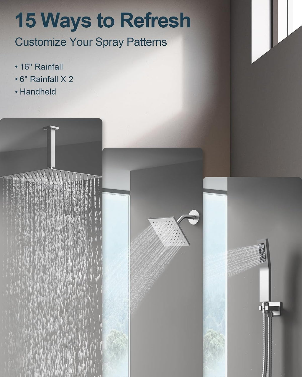 Thermostatic Shower System, 16' Ceiling Mount Rainfall shower Head with Double 6' Shower Head, Brushed Nickel