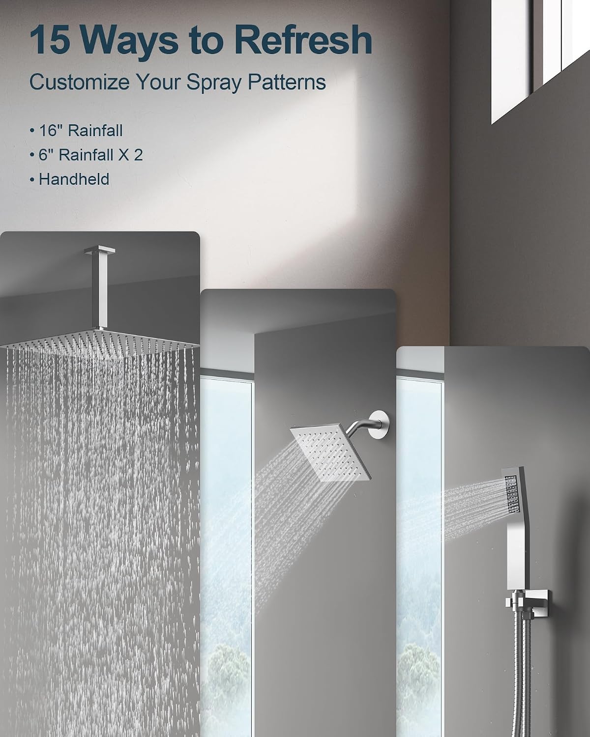 Thermostatic Shower System, 16' Ceiling Mount Rainfall shower Head with Double 6' Shower Head, Brushed Nickel